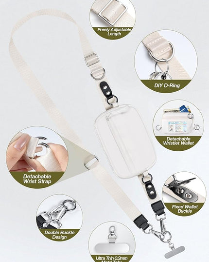 Clip and Go Strap for Phone with Wallet Crossbody Phone Lanyard Adjustable and Detachable RFID Wristlet Wallet with ID Window and Zipper, Cream