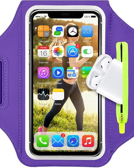 Cell Phone Running Armband with Airpods Zipper Pocket Armband Case Running Holder for iPhone 16/15/ 14/13 / 12 /11Pro Max,Galaxy S20 S10,Sweatproof Arm Band with Card/Key Bag
