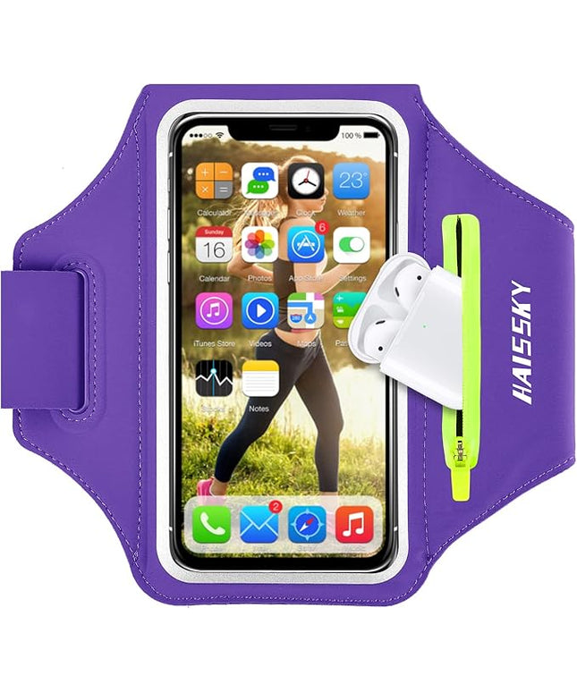 Cell Phone Running Armband with Airpods Zipper Pocket Armband Case Running Holder for iPhone 16/15/ 14/13 / 12 /11Pro Max,Galaxy S20 S10,Sweatproof Arm Band with Card/Key Bag