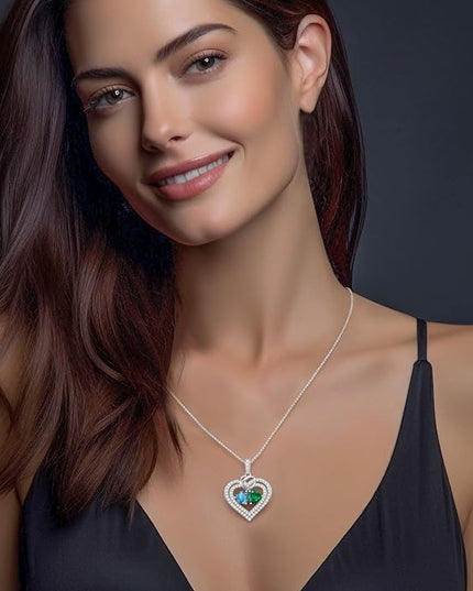 LOUISA SECRET Sparkling Double Heart Birthstone Necklaces for Women, 925 Sterling Silver Fine Jewelry, Pendant Heart Necklaces Birthday Anniversary Christmas Gift for Women Wife Mom Girlfriend Lady