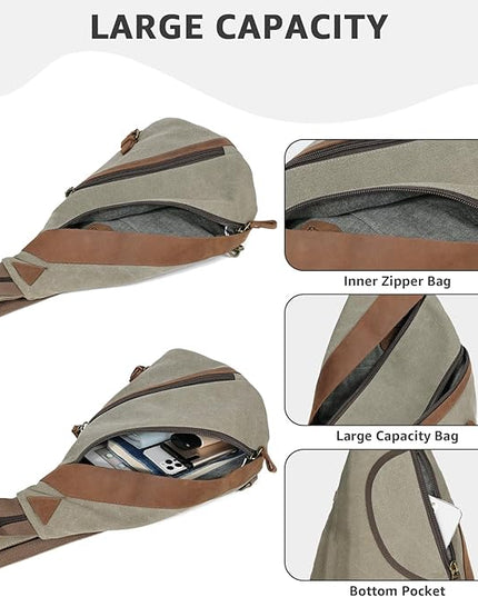 KL928 Canvas Sling Bag for Men Women, Genuine Leather Design Shoulder Crossbody Bags Backpacks Travel Daypack with Earphone Hole Rucksack, Olive Green