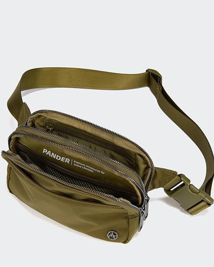 Pander Everywhere Belt Bag for Women, 5 Zipper Pockets Nylon Crossbody Fanny Pack Purse (Dark Moss)