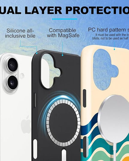 Magnetic for iPhone 16 Case Cute Frog Stripes Phone Case, Summer Shockproof Slim TPU and Hard PC Protective Phone Cover Compatible with MagSafe Designed for Women Girls