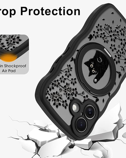 Wavy Case for iPhone 17 Case with Stand [Compatible with MagSafe] Cute Black Cat & Floral & Butterflies Pattern Design, Kawaii 360 Magnetic Ring Kickstand Phone Cover for Women Girls