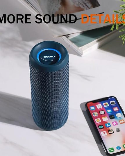 SOWO Portable Bluetooth Speaker, IPX7 Waterproof Wireless Bluetooth Speaker, Bassboom Technology, 25W Loud Stereo Sound, LED Light with TWS Pairing, 16H Playtime for Home and Outdoor -Blue