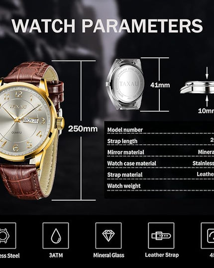 Mens Leather Watch Large Face Classic Quartz Mens Analog Watches Luxury Dress Watches for Men Waterproof Men's Wrist Watch Easy Read with Date Number Dial Relojes para Hombre