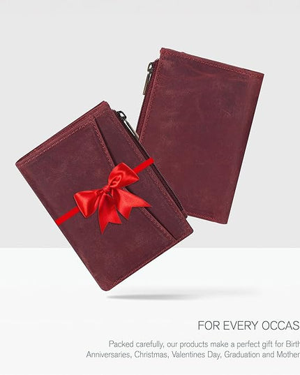 Oak Leathers Leather Wallet For Women - Small RFID Coin Purse Credit Card & ID Holder for Ladies, Gift for Women's, Bifold Wallets (Crazy Horse Red)