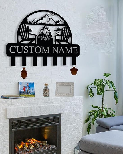 Personalized Campfire Design Metal Key Holder for Wall, Metal Wall Mount Custom Name Hooks, Cabin Key Hooks, Camp Area Key Hanger Decor, Key Rack for Farmhouse, Key Organizer for Living Room, Entryway