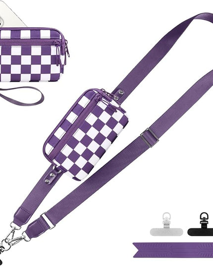 Clip and Go Strap for Phone with Wallet Crossbody, Adjustable Phone Lanyard with Detachable RFID Wristlet Wallet, Phone Strap with Phone Tabs for All Phones, Purple Checkered (L)