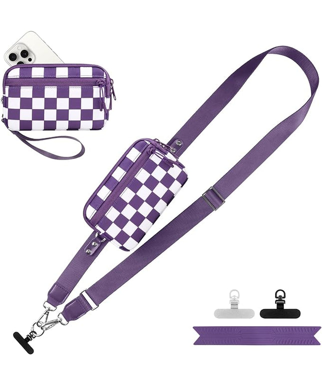 Clip and Go Strap for Phone with Wallet Crossbody, Adjustable Phone Lanyard with Detachable RFID Wristlet Wallet, Phone Strap with Phone Tabs for All Phones, Purple Checkered (L)