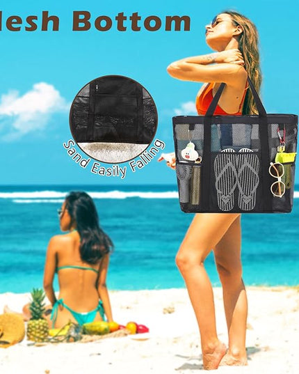 Mesh Beach Bag, Large Beach Tote with Zipper Pocket, Toys Pool Bag for Family Travel Vacation Cruise Essentials
