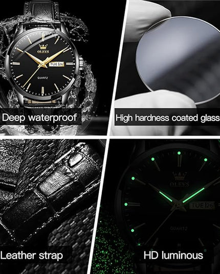 OLEVS Watches for Men Brown Leather Gold Case Analog Quartz Fashion Business Dress Watch Day Date Luminous Waterproof Casual Male Wrist Watches
