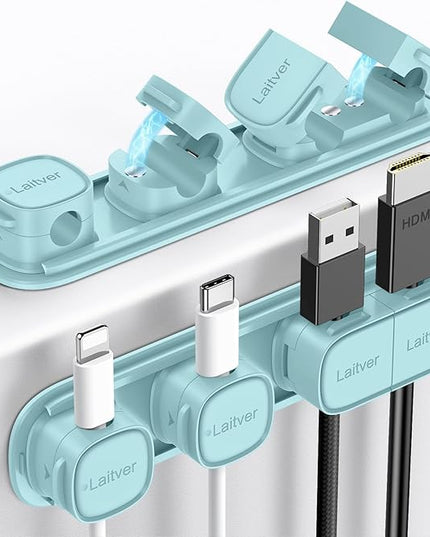 6 Pack Magnetic Cable Clips [1s Open/Lock], Laitver Cord Organizer Holder Strong Adhesive Desk Cable Management- Organize Charging Cords Neatly for Home, Office, Car,Desk, Nightstand-Blue