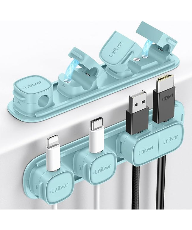 6 Pack Magnetic Cable Clips [1s Open/Lock], Laitver Cord Organizer Holder Strong Adhesive Desk Cable Management- Organize Charging Cords Neatly for Home, Office, Car,Desk, Nightstand-Blue