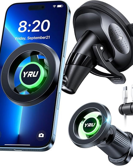YRU [Truely Upgrade & Patent] Car Phone Holder for Magsafe [98+LBS Strongest Suction & Enhanced Magnetic] Dashboard Car Mount Windshield Vent Phone Stand for iPhone 17/16/15/14/13/12 Pro Max, Black
