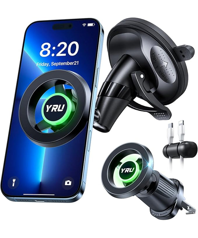YRU [Truely Upgrade & Patent] Car Phone Holder for Magsafe [98+LBS Strongest Suction & Enhanced Magnetic] Dashboard Car Mount Windshield Vent Phone Stand for iPhone 17/16/15/14/13/12 Pro Max, Black