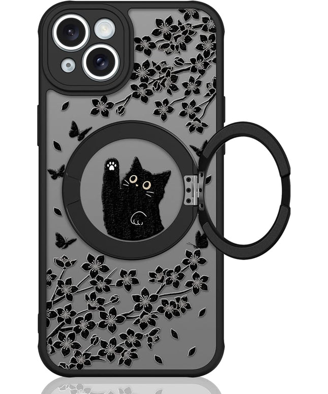 Cute Case for iPhone 15 Plus Case with Stand [ Compatible with MagSafe ] Kawaii Black Cat & Floral & Butterflies Pattern Design 360 Magnetic Ring Kickstand Phone Cover for Women Girls Boys