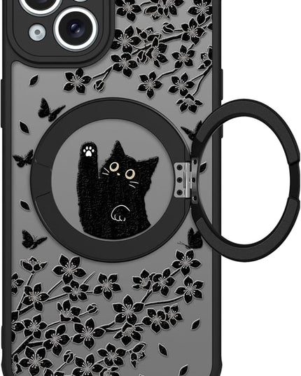Cute Case for iPhone 15 Case with Stand [ Compatible with MagSafe ] Kawaii Black Cat & Floral & Butterflies Pattern Design 360 Magnetic Ring Kickstand Phone Cover for Women Girls Boys