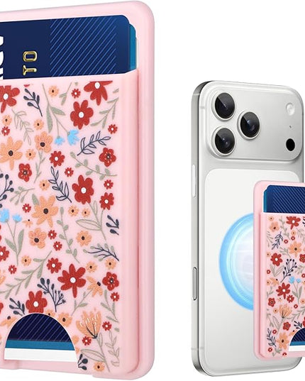 Stronger Magnetic Card Slot Wallet for iPhone 17/16/15/14/13/12 Series (Not for 13/12 Mini), Floral Pattern Hard Card Holder Fit 3 Cards Compatible with Magsafe Accessories, Pink