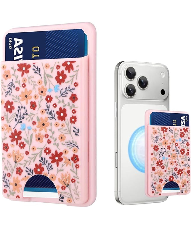 Stronger Magnetic Card Slot Wallet for iPhone 17/16/15/14/13/12 Series (Not for 13/12 Mini), Floral Pattern Hard Card Holder Fit 3 Cards Compatible with Magsafe Accessories, Pink