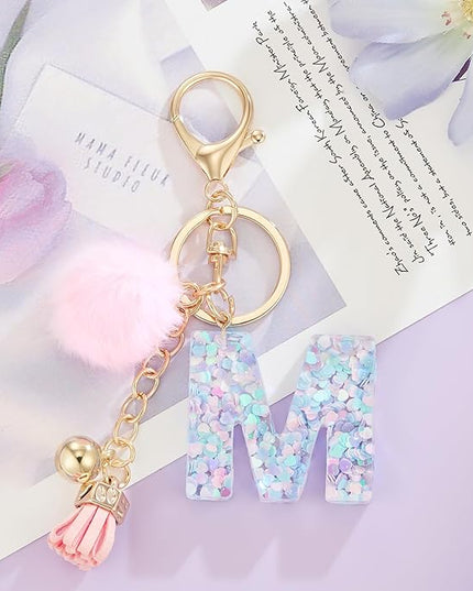 Resin Alphabet Initial Letter Keychain Keyring for Women Purse Handbags With Fur Ball Pom