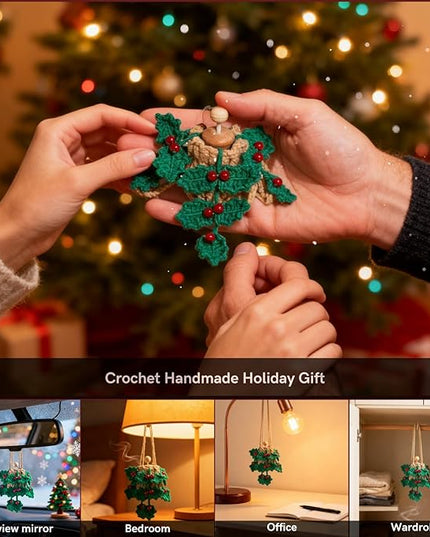 Handmade Crochet Car Air Freshener - Crochet hanging holly plants with 12ml Empty Refillable Oil Diffuser Bottle, Green Car Accessory for Mirror Decor and Home Decor