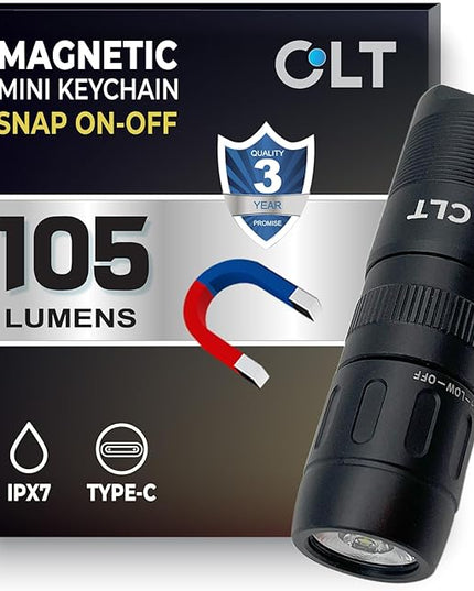 CLT Mini EDC Rechargeable Flashlight Magnetic Keychain, Snap on/off, 105 Lumen, Portable and Compact LED Keychain Flashlights - Durable Built-in Battery Ideal for Everyday Carry - Black