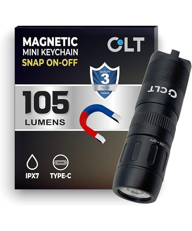 CLT Mini EDC Rechargeable Flashlight Magnetic Keychain, Snap on/off, 105 Lumen, Portable and Compact LED Keychain Flashlights - Durable Built-in Battery Ideal for Everyday Carry - Black