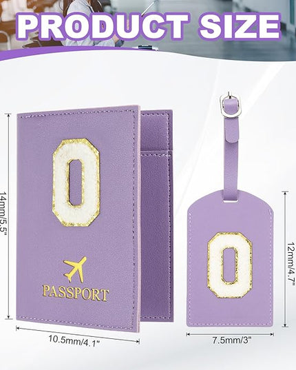 PATIKIL Passport Holder for Travel, Initial Passport Cover and Luggage Tag Set with Alphabet Chenille Letter Patch Travel Wallet Bag Suitcase Identifier for Women Family Travel Purple O