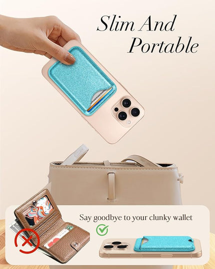 Shorogyt Compatible with Magsafe Wallet Magnetic Card Holder - Glitter Light Blue Phone Wallets for Women Teen Girls for iPhone 17/16/15/14/13/12 Series Slim for Apple Mag RFID Magnet, Fit 3 Cards
