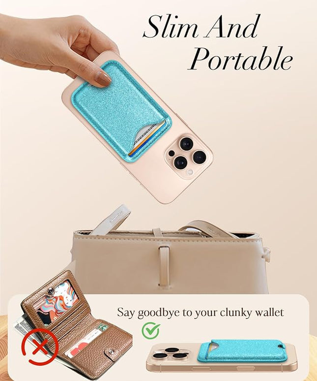 Shorogyt Compatible with Magsafe Wallet Magnetic Card Holder - Glitter Light Blue Phone Wallets for Women Teen Girls for iPhone 17/16/15/14/13/12 Series Slim for Apple Mag RFID Magnet, Fit 3 Cards