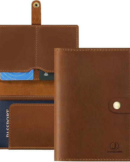 Jack&Chris Genuine Leather Passport Holder For Travel, RFID Blocking Handmade Passport Holder with Card Case Organized & Safe, Quality Travel Essentials for Women and Men for Gifting, Brown