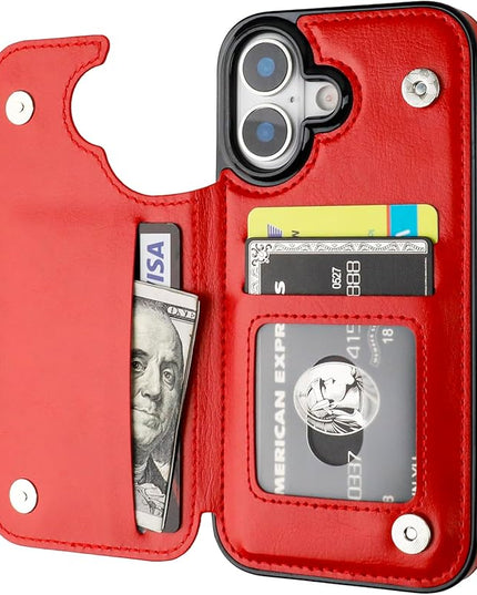 ONETOP Compatible with iPhone 17 Wallet Case with Card Holder, PU Leather Kickstand Card Slots Case, Double Magnetic Clasp and Durable Shockproof Cover 6.3 Inch (Red)