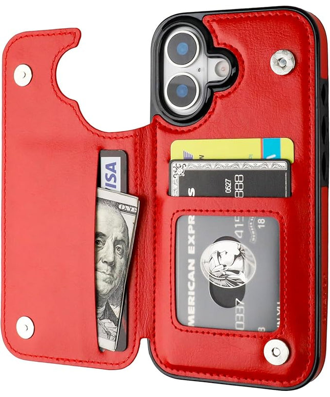 ONETOP Compatible with iPhone 17 Wallet Case with Card Holder, PU Leather Kickstand Card Slots Case, Double Magnetic Clasp and Durable Shockproof Cover 6.3 Inch (Red)