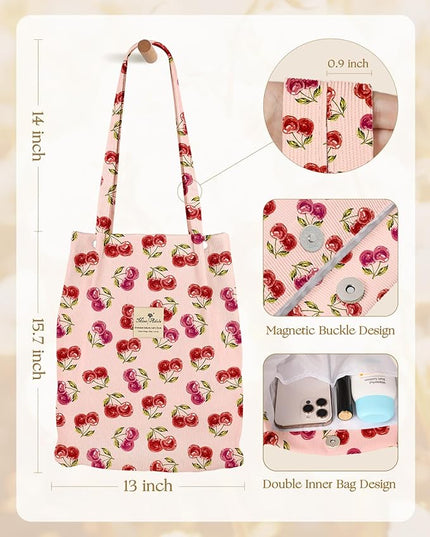 Corduroy Tote Bag for Women - Reusable Totes with Pocket & Buckle Cute Aesthetic Shoulder Bag for Work Travel