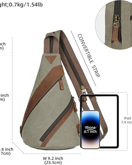 KL928 Canvas Sling Bag for Men Women, Genuine Leather Design Shoulder Crossbody Bags Backpacks Travel Daypack with Earphone Hole Rucksack, Olive Green