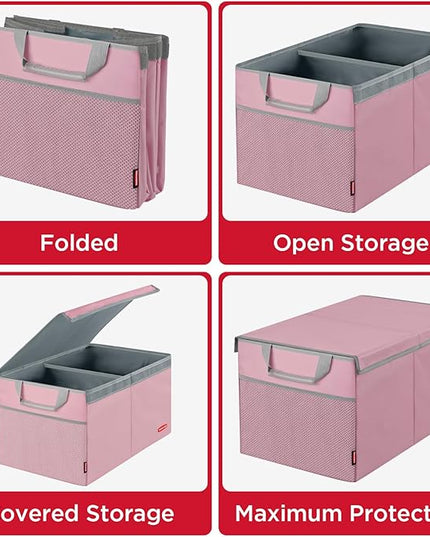 Rubbermaid Car Organizer, Collapsible Trunk Organizer, Multi-Compartment Car Storage Organization for Car Accessories, 2 Compartments With Cover, 21.65"*14.17"*12.2" - Pink