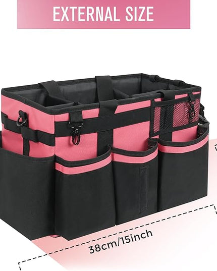 Wearable Cleaning Caddy, Cleaning Caddy Supplies Organizer with Handle & Shoulder Straps for Housekeepers, Under Sink & Car Cleaning Tool Organizers Bag with 4 Foldable Divider (OleanderRed)