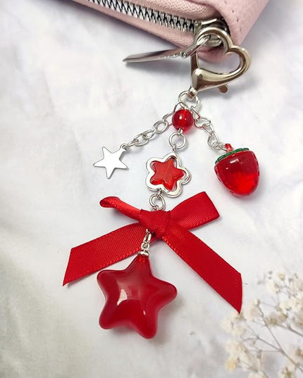 Keychain for Women Gold Bow Angel Wings KeyChains Novel Star Heart Strawberry Racket Pendants Bag Charm Key Chains
