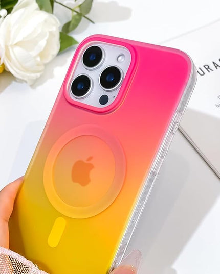 Aesthetic Case for iPhone 16 Pro Max Case for Women Girls, Compatible with Magsafe, Cute Girly Trendy Glitter Sparkly Rainbow Magnetic Protective Phone Cover, Matte Iridescent Red & Yellow