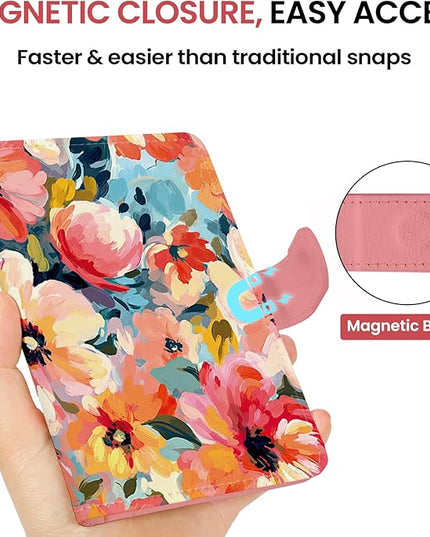 Passport Holder for Travel Essentials, RFID Blocking Leather Cover Wallet with Magnetic Closure, Aesthetic & Cute Passport Book Case for Women and Men - Garden
