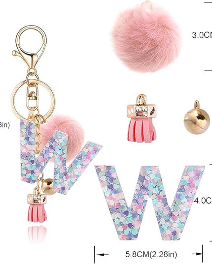 Resin Alphabet Initial Letter Keychain Keyring for Women Purse Handbags With Fur Ball Pom