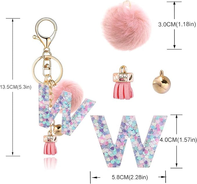 Resin Alphabet Initial Letter Keychain Keyring for Women Purse Handbags With Fur Ball Pom