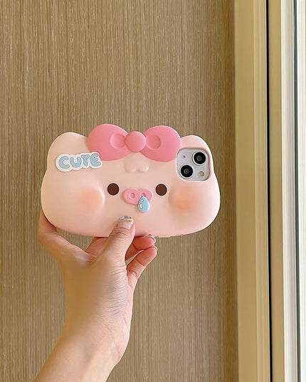 Case Compatible with iPhone 15 Pro,Cute 3D Kawaii Funny Pig Bow Cartoon Cover with Keychain Soft Silicone Gel Drop Protector Women Girls