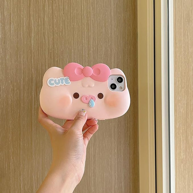 Case Compatible with iPhone 15 Pro Max,Cute 3D Kawaii Funny Pig Bow Cartoon Cover with Keychain Soft Silicone Gel Drop Protector Women Girls