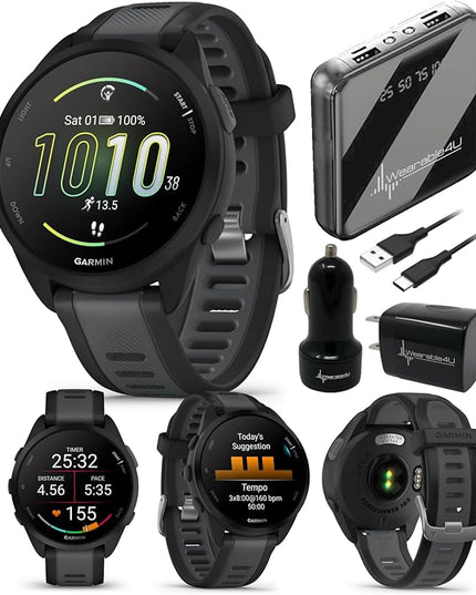 Wearable4U - Garmin Forerunner 165 Running Smartwatch, Colorful AMOLED Touchscreen, Training Metrics and Recovery Insights Includes PowerPack, Adapters Bundle, Black/Slate Gray