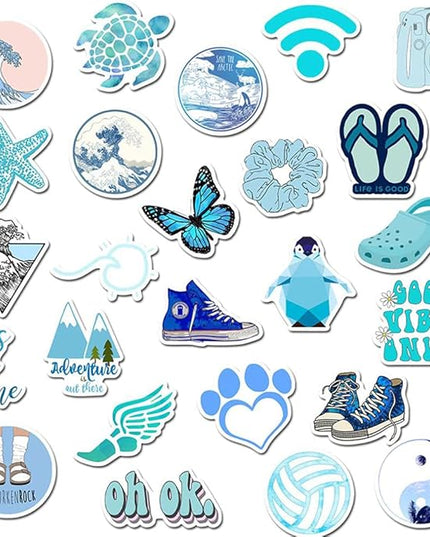 Girl's Blue Aesthetic Stickers - Waterproof Cute Stickers 50 PCS for Water Bottle, Laptop, Phone - Teens & Kids