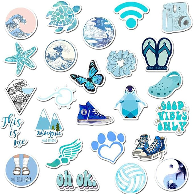 Girl's Blue Aesthetic Stickers - Waterproof Cute Stickers 50 PCS for Water Bottle, Laptop, Phone - Teens & Kids