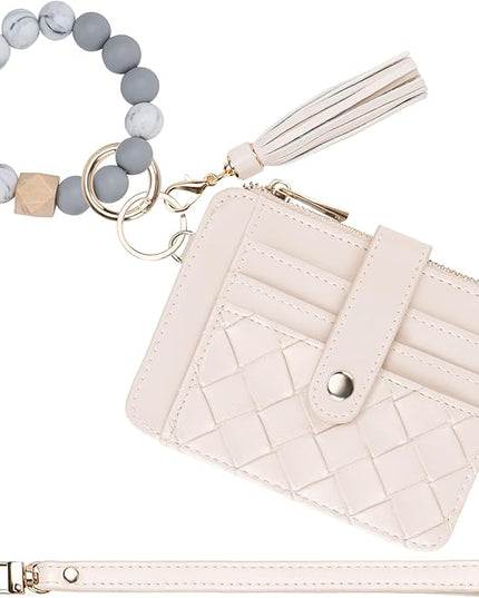 Keychain Wallet with Bracelet RFID Blocking Wristlet Credit Purse Card Holder, Silicone Bead Tassel Key Ring for Women