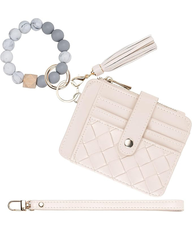 Keychain Wallet with Bracelet RFID Blocking Wristlet Credit Purse Card Holder, Silicone Bead Tassel Key Ring for Women